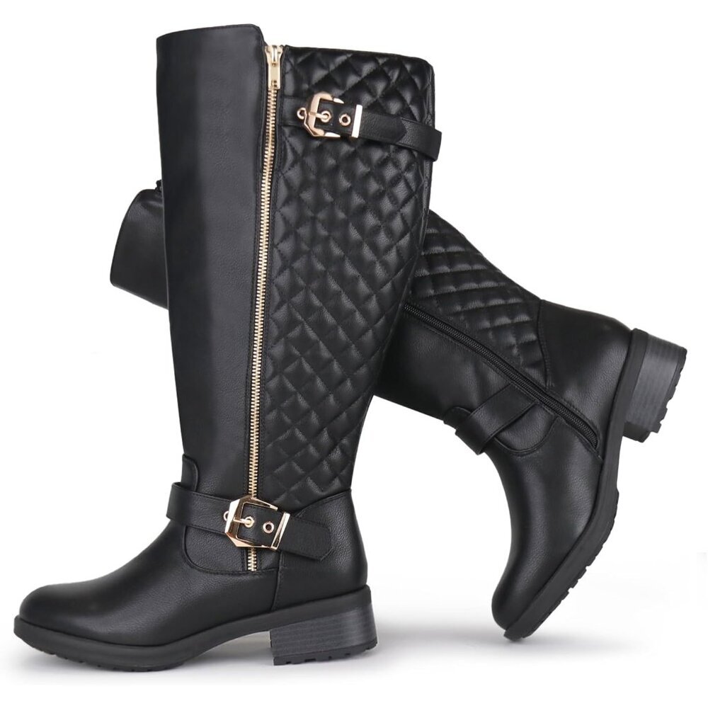 Women Extra Wide Calf Knee High Riding Black Boot Double Buckle Retro Chic Style